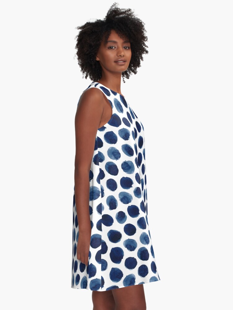 Alternate view of Large Indigo/Blue Watercolor Polka Dot Pattern A-Line Dress