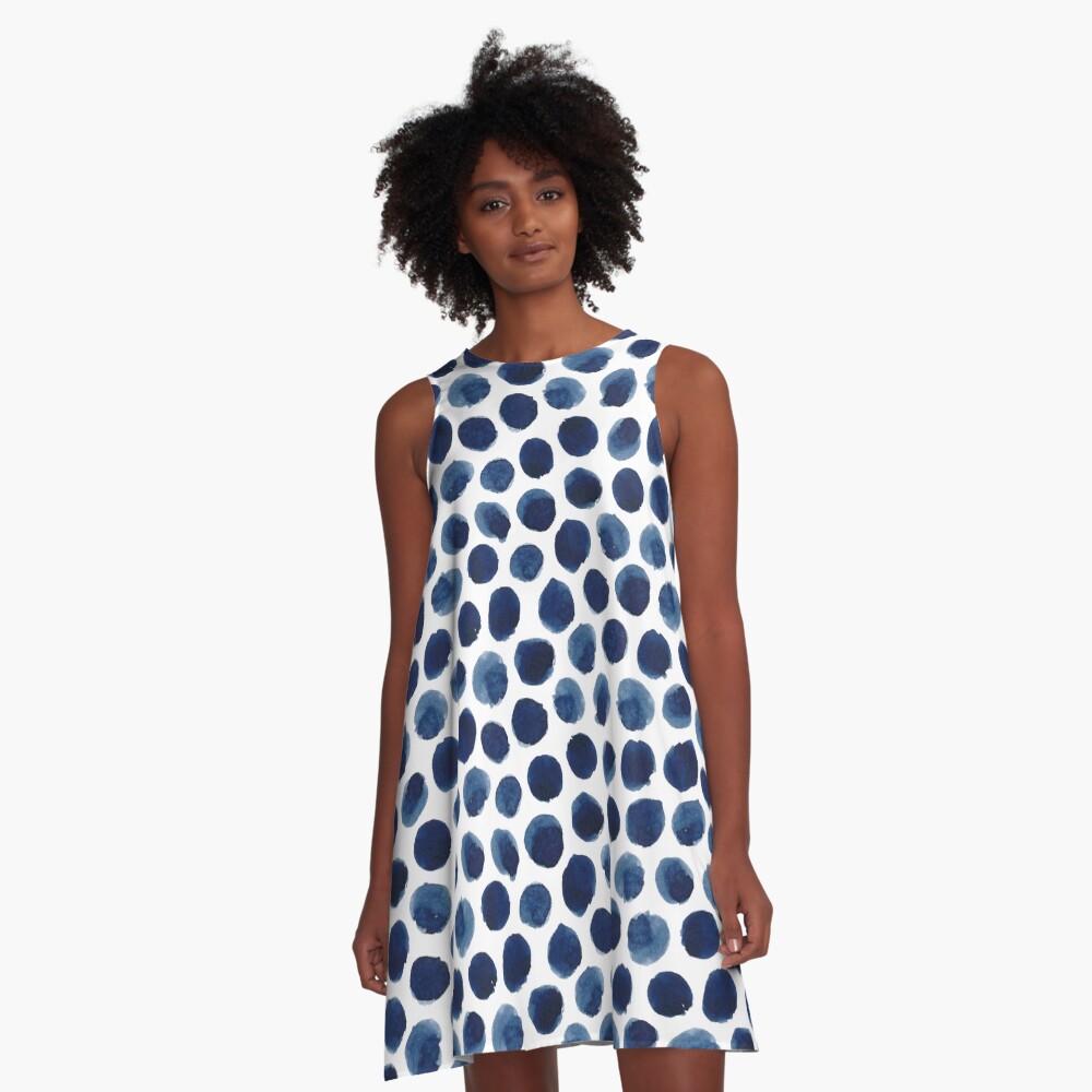Large Indigo/Blue Watercolor Polka Dot Pattern A-Line Dress