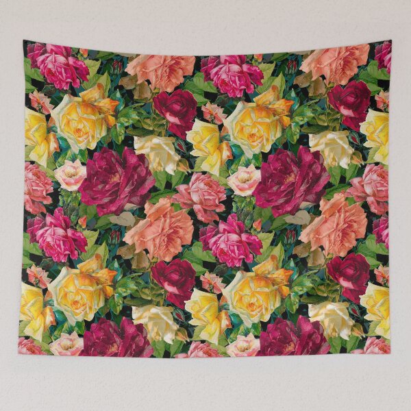 Artikelvorschau, Stilvoller Blumen- und Rosenhimmel, Blumenillustration, botanisches Muster, Pflanzenmuster, schwarzer exotischer Blumengarten entworfen und verkauft von ZeinabTaha.