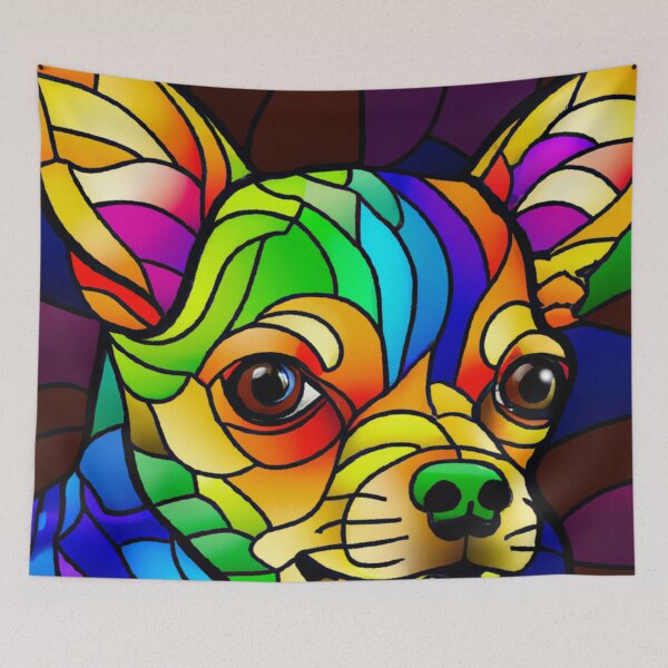 Aperçu de l'œuvre Portrait en vitrail coloré d'un chien Chihuahua Art numérique AI créée et vendue par CraftyAnimal.