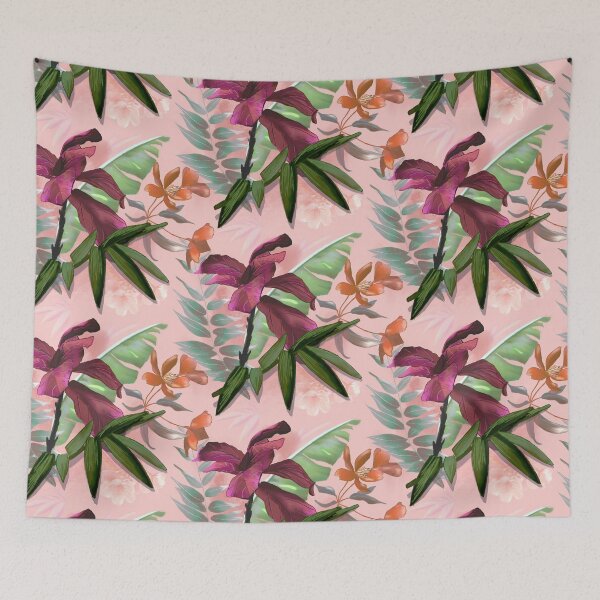 Item preview, tropical heaven trendy exotic floral pattern, leaves and flowers tropical pattern, botanical illustration, pink floral illustration   designed and sold by ZeinabTaha.