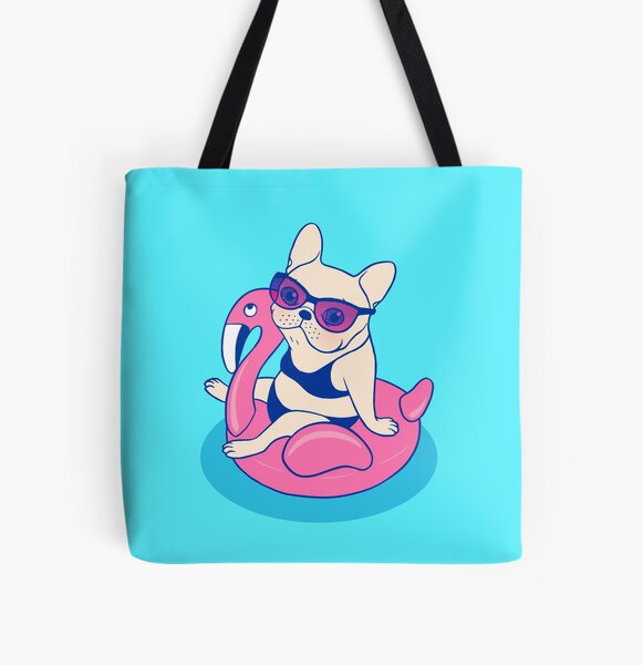 Frenchie enjoys Summer on Flamingo Pool Float in swimming pool All Over Print Tote Bag