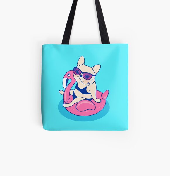 Frenchie enjoys Summer on Flamingo Pool Float in swimming pool All Over Print Tote Bag