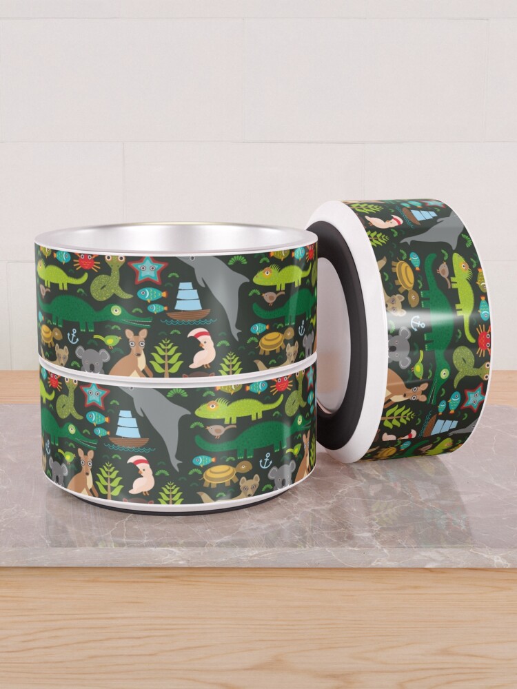 Alternate view of Funny australian animals Echidna Platypus ostrich Emu Tasmanian devil Cockatoo parrot Wombat snake turtle crocodile kangaroo dingo octopus fish. Seamless pattern on dark background. Pet Bowl
