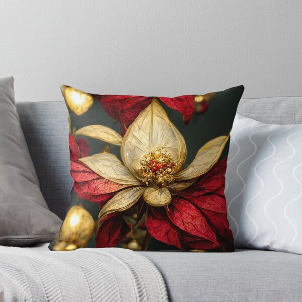 red gold poinsettia Throw Pillow