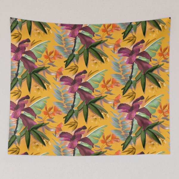 Item preview, tropical heaven trendy exotic floral pattern, leaves and flowers tropical pattern, botanical illustration, yellow floral illustration   designed and sold by ZeinabTaha.