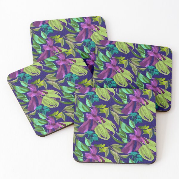 Item preview, tropical exotic paradise floral pattern, leaves and flowers tropical pattern, botanical illustration, purple blue floral illustration    designed and sold by ZeinabTaha.