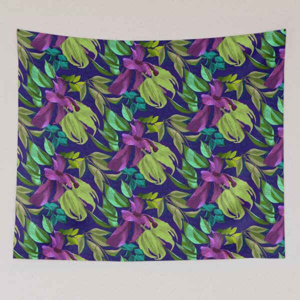 Item preview, tropical exotic paradise floral pattern, leaves and flowers tropical pattern, botanical illustration, purple blue floral illustration    designed and sold by ZeinabTaha.