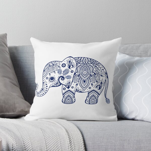 Blue Floral Elephant Illustration Throw Pillow