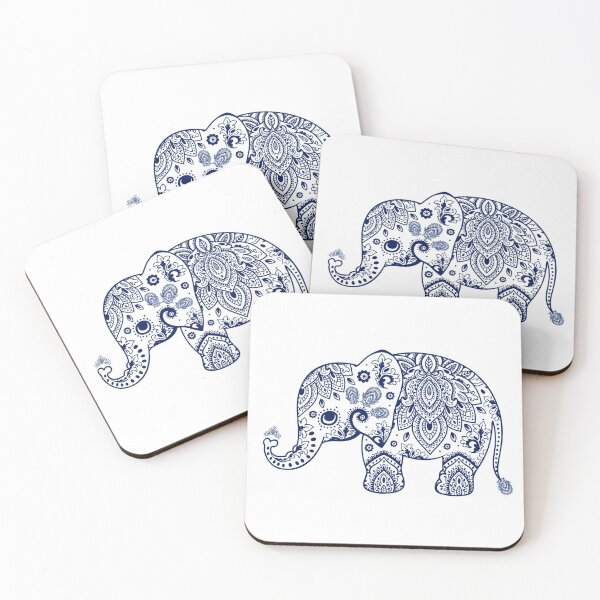 Blue Floral Elephant Illustration Coasters (Set of 4)