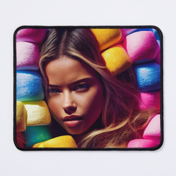 Item preview, Portrait Of A Beautiful Woman With Face Surrounded By Colorful Marshmallows – Midjourney Art designed and sold by MadeByRobots.