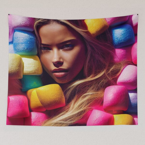 Item preview, Portrait Of A Beautiful Woman With Face Surrounded By Colorful Marshmallows – Midjourney Art designed and sold by MadeByRobots.