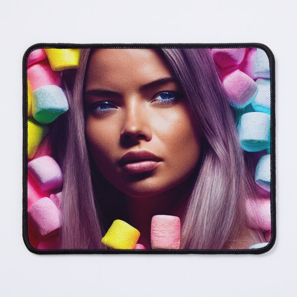 Item preview, Portrait Of A Beautiful Woman With Face Surrounded By Colorful Marshmallows – Midjourney Art designed and sold by MadeByRobots.