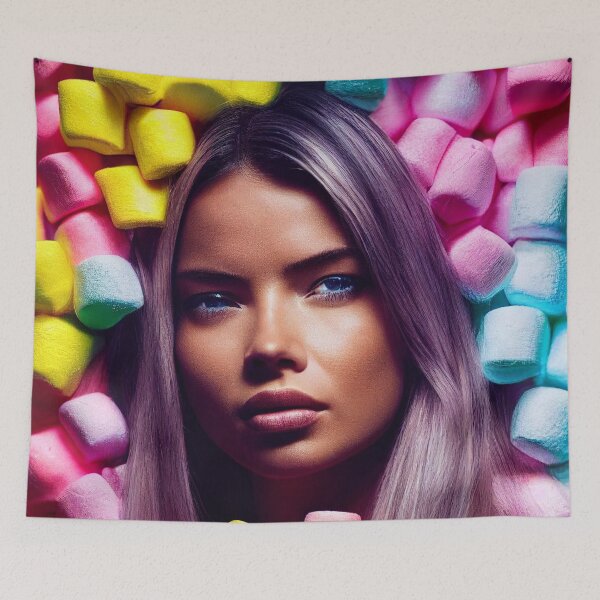 Item preview, Portrait Of A Beautiful Woman With Face Surrounded By Colorful Marshmallows – Midjourney Art designed and sold by MadeByRobots.