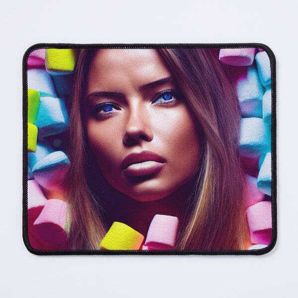 Item preview, Portrait Of A Beautiful Woman With Face Surrounded By Colorful Marshmallows – Midjourney Art designed and sold by MadeByRobots.
