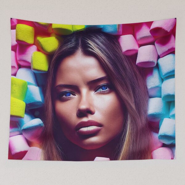 Item preview, Portrait Of A Beautiful Woman With Face Surrounded By Colorful Marshmallows – Midjourney Art designed and sold by MadeByRobots.