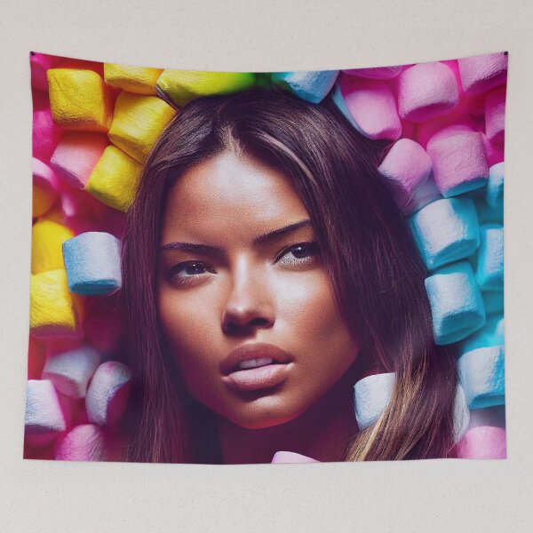 Item preview, Portrait Of A Beautiful Woman With Face Surrounded By Colorful Marshmallows – Midjourney Art designed and sold by MadeByRobots.