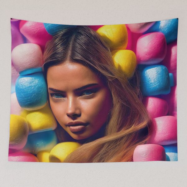 Item preview, Portrait Of A Beautiful Woman With Face Surrounded By Colorful Marshmallows – Midjourney Art designed and sold by MadeByRobots.