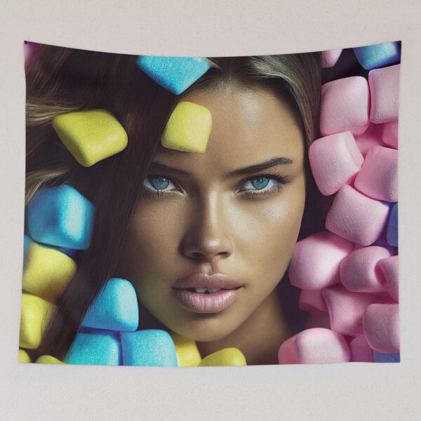 Item preview, Portrait Of A Beautiful Woman With Face Surrounded By Colorful Marshmallows – Midjourney Art designed and sold by MadeByRobots.