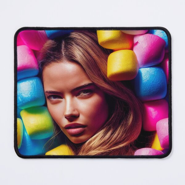 Item preview, Portrait Of A Beautiful Woman With Face Surrounded By Colorful Marshmallows – Midjourney Art designed and sold by MadeByRobots.