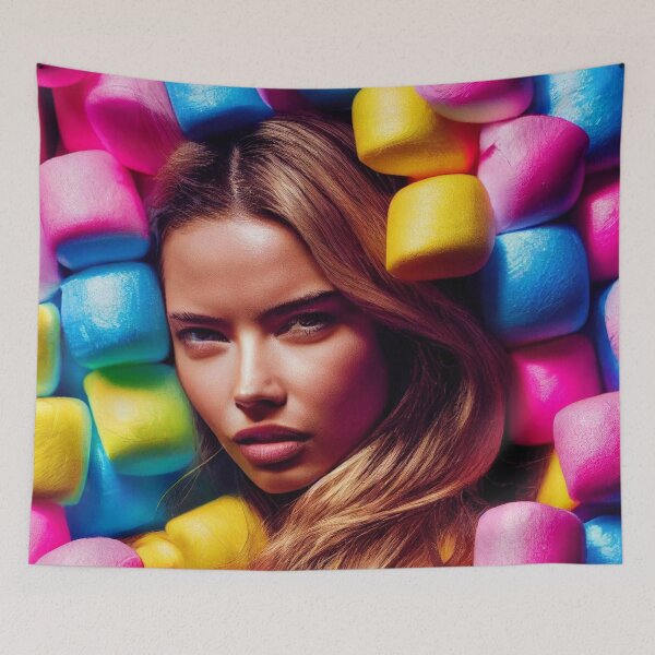 Item preview, Portrait Of A Beautiful Woman With Face Surrounded By Colorful Marshmallows – Midjourney Art designed and sold by MadeByRobots.