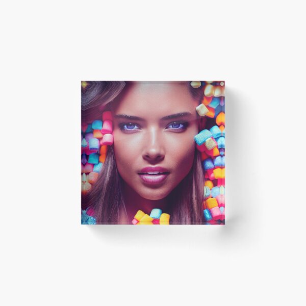Item preview, Portrait Of A Beautiful Woman With Face Surrounded By Colorful Marshmallows – Midjourney Art designed and sold by MadeByRobots.
