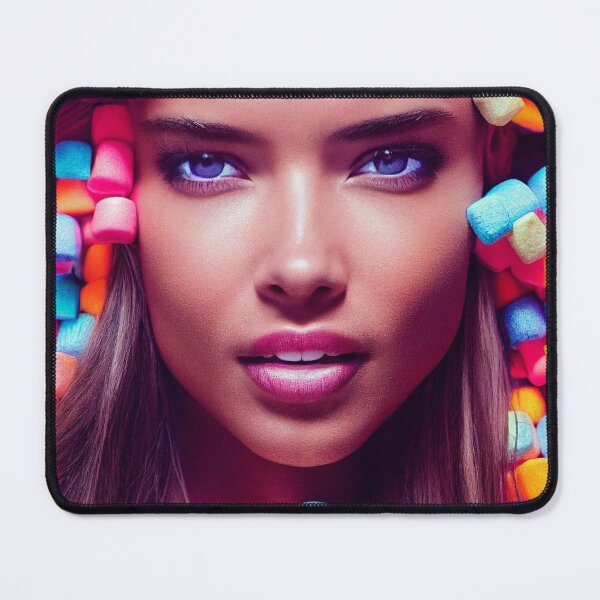 Item preview, Portrait Of A Beautiful Woman With Face Surrounded By Colorful Marshmallows – Midjourney Art designed and sold by MadeByRobots.