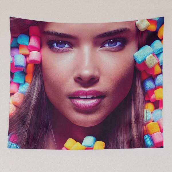 Item preview, Portrait Of A Beautiful Woman With Face Surrounded By Colorful Marshmallows – Midjourney Art designed and sold by MadeByRobots.