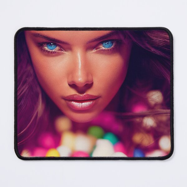 Item preview, Portrait Of A Beautiful Woman With Face Surrounded By Colorful Marshmallows – Midjourney Art designed and sold by MadeByRobots.