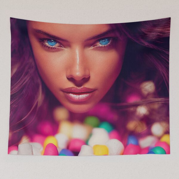 Item preview, Portrait Of A Beautiful Woman With Face Surrounded By Colorful Marshmallows – Midjourney Art designed and sold by MadeByRobots.
