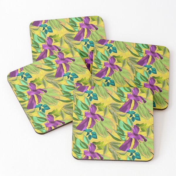 Item preview, tropical exotic paradise floral pattern, leaves and flowers tropical pattern, botanical illustration, purple yellow floral illustration    designed and sold by ZeinabTaha.