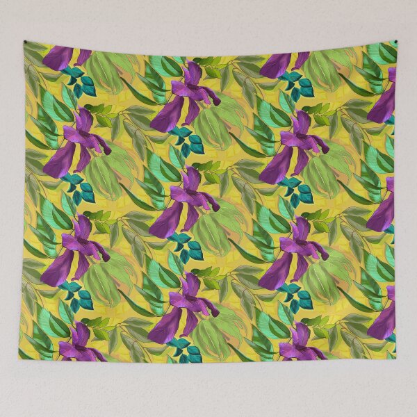 Item preview, tropical exotic paradise floral pattern, leaves and flowers tropical pattern, botanical illustration, purple yellow floral illustration    designed and sold by ZeinabTaha.