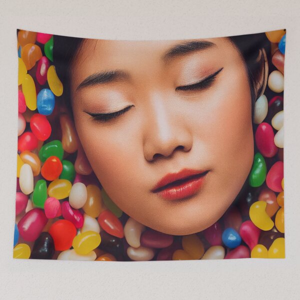 Item preview, Portrait Of A Beautiful Woman With Face Surrounded By Colorful Candy – Midjourney Art– Midjourney Art designed and sold by MadeByRobots.
