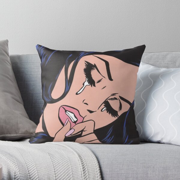 Black Hair Crying Comic Girl Throw Pillow