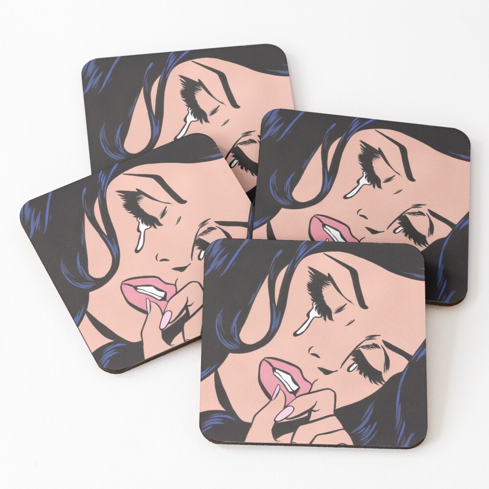 Black Hair Crying Comic Girl Coasters (Set of 4)