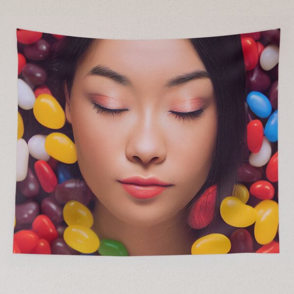 Item preview, Portrait Of A Beautiful Woman With Face Surrounded By Colorful Candy – Midjourney Art– Midjourney Art designed and sold by MadeByRobots.