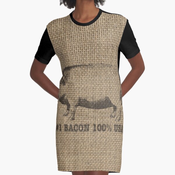 USA Bacon Vintage Natural Beige Burlap Sack Graphic T-Shirt Dress