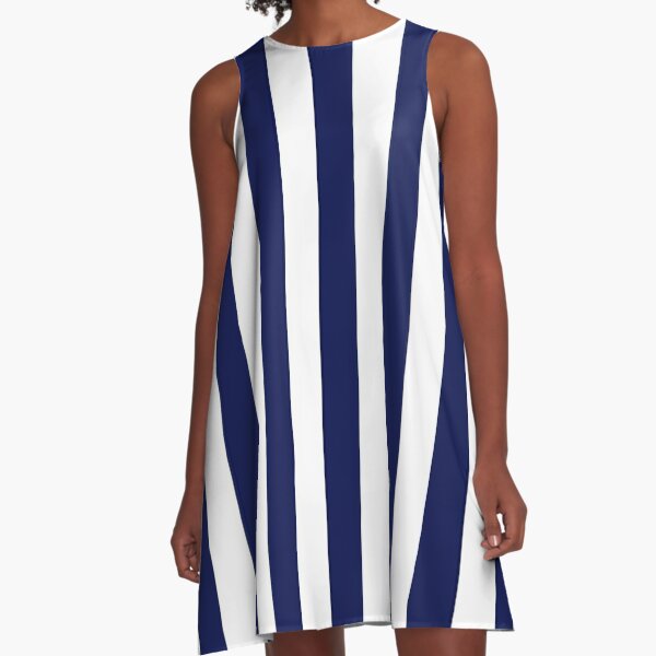 Classic Navy Blue and White Large Vertical Cabana Tent Stripe A-Line Dress