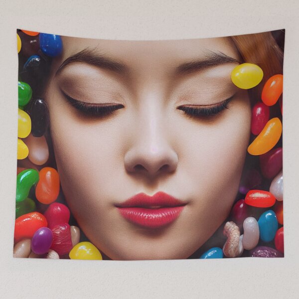 Item preview, Portrait Of A Beautiful Woman With Face Surrounded By Colorful Candy – Midjourney Art– Midjourney Art designed and sold by MadeByRobots.