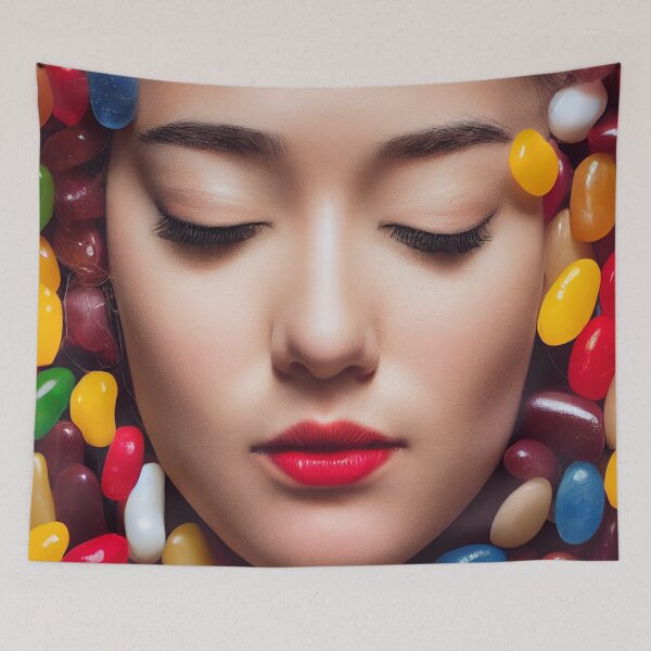 Item preview, Portrait Of A Beautiful Woman With Face Surrounded By Colorful Candy – Midjourney Art– Midjourney Art designed and sold by MadeByRobots.