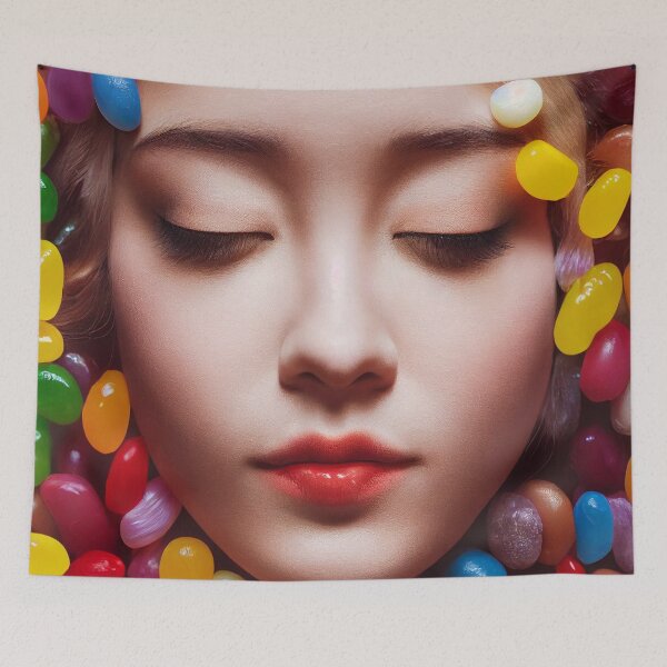 Item preview, Portrait Of A Beautiful Woman With Face Surrounded By Colorful Candy – Midjourney Art– Midjourney Art designed and sold by MadeByRobots.