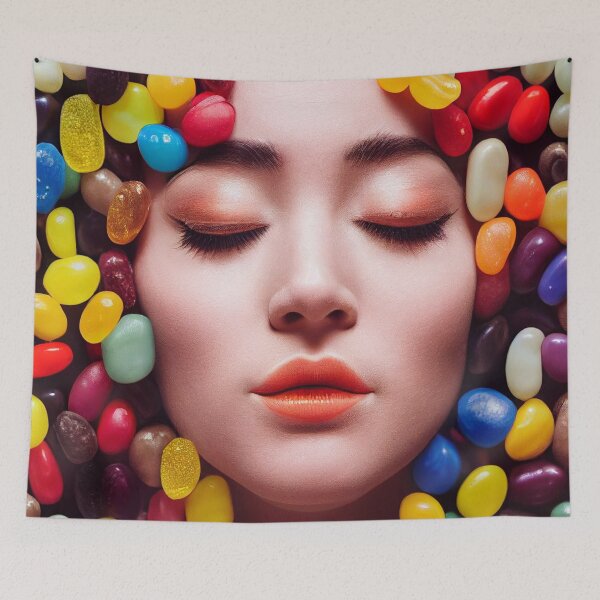 Item preview, Portrait Of A Beautiful Woman With Face Surrounded By Colorful Candy – Midjourney Art– Midjourney Art designed and sold by MadeByRobots.