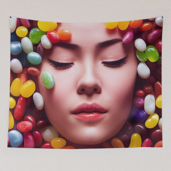 Item preview, Portrait Of A Beautiful Woman With Face Surrounded By Colorful Candy – Midjourney Art– Midjourney Art designed and sold by MadeByRobots.
