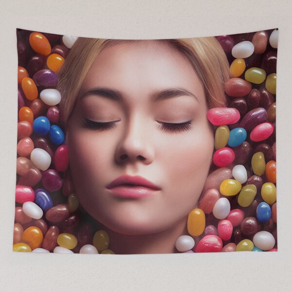 Item preview, Portrait Of A Beautiful Woman With Face Surrounded By Sweet Colorful Candy – Midjourney Art– Midjourney Art designed and sold by MadeByRobots.