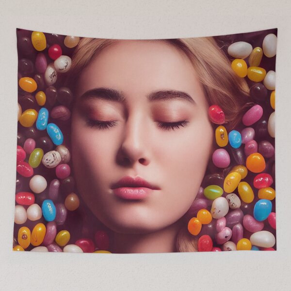 Item preview, Portrait Of A Beautiful Woman With Face Surrounded By Sweet Colorful Candy – Midjourney Art– Midjourney Art designed and sold by MadeByRobots.