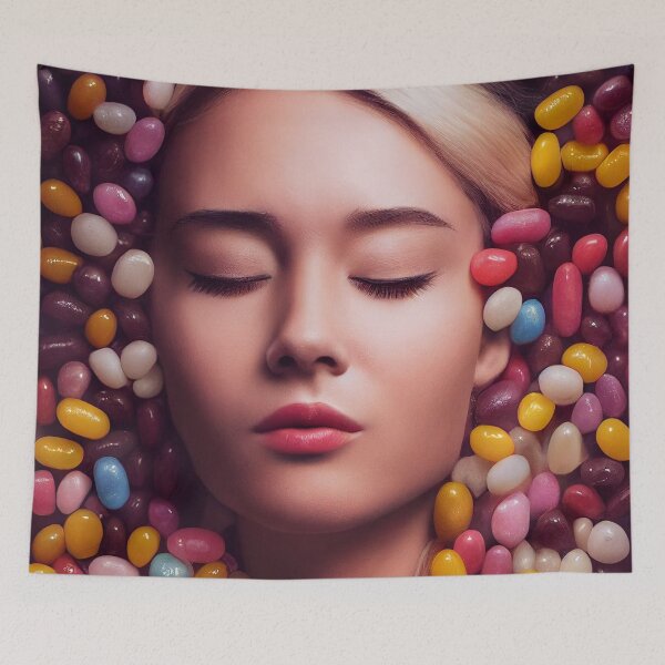 Item preview, Portrait Of A Beautiful Woman With Face Surrounded By Sweet Colorful Candy – Midjourney Art– Midjourney Art designed and sold by MadeByRobots.