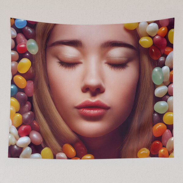 Item preview, Portrait Of A Beautiful Woman With Face Surrounded By Sweet Colorful Candy – Midjourney Art– Midjourney Art designed and sold by MadeByRobots.