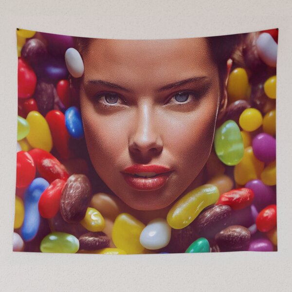 Item preview, Portrait Of A Beautiful Woman With Face Surrounded By Sweet Colorful Candy – Midjourney Art– Midjourney Art designed and sold by MadeByRobots.