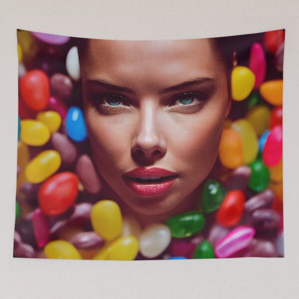 Item preview, Portrait Of A Beautiful Woman With Face Surrounded By Sweet Colorful Candy – Midjourney Art– Midjourney Art designed and sold by MadeByRobots.