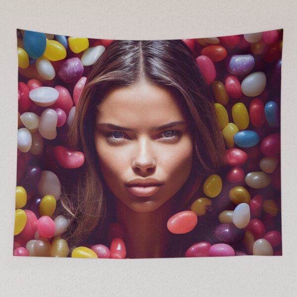 Item preview, Portrait Of A Beautiful Woman With Face Surrounded By Sweet Colorful Candy – Midjourney Art– Midjourney Art designed and sold by MadeByRobots.